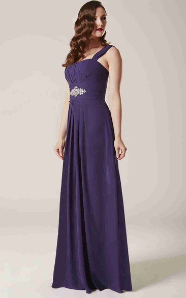 Strapped Sleeveless Ruched Chiffon Bridesmaid Dress With Waist Jewellery
