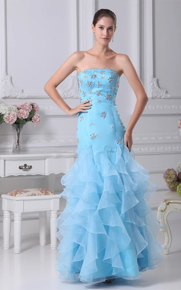 Sleeveless Floor-Length Column Cascading Ruffles and Dress With Rhinestone