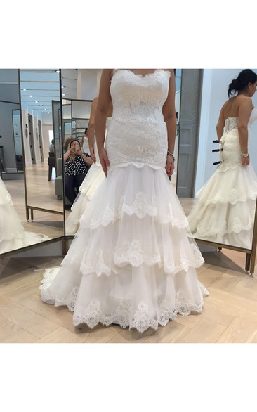 Chic Tulle Lace Mermaid Tiered Wedding Dress Zipper