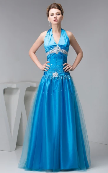 Plunged A-Line Sleeveless Broach and Dress With Beading