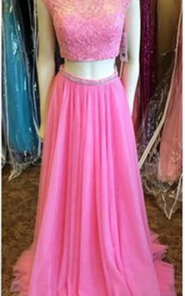 Newest Pink Two Piece Prom Dress Lace Beadings Cap Sleeve