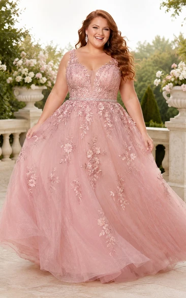 Vestido de gala de tul rosa empolvado de talla grande con corpiño de apliques florales