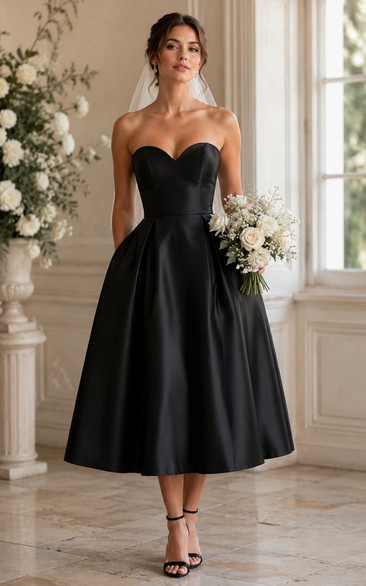 Black Strapless Satin Tea-length Wedding Dress