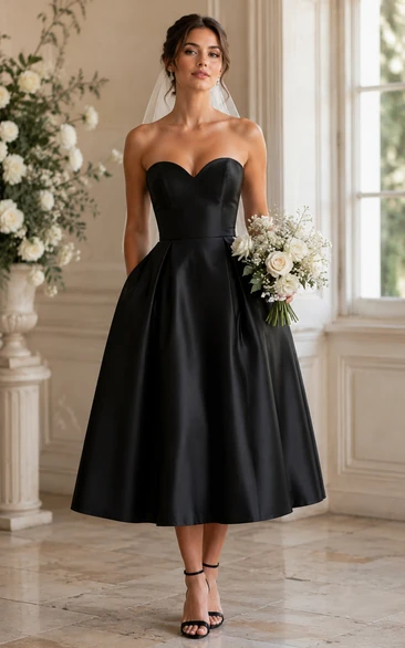 Black Strapless Satin Tea-length Wedding Dress