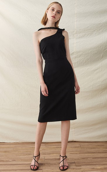Modern One-shoulder Pencil Jersey Knee-length Sleeveless Cocktail Dress with Split Back