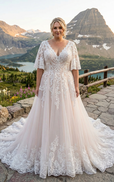 Plus Size Wedding Dress with Short Lace Sleeves, V Neck A-Line Bridal Gown with Lace Train