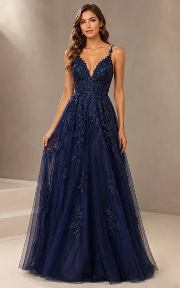 Tulle Prom Dress in Dark Navy, Spaghetti Strap, V-neck A-Line Floor-Length Gown with Appliques