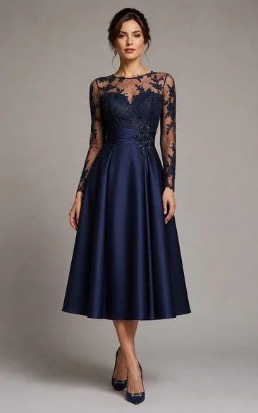 Dark Navy Lace Long Sleeve Tea-length A-Line Evening Dress