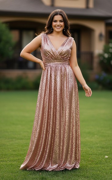 Sparkling Pleated V-Neck Evening Dress