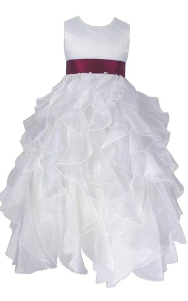 Sleeveless A-line Dress With Cascade Ruffles and Bow