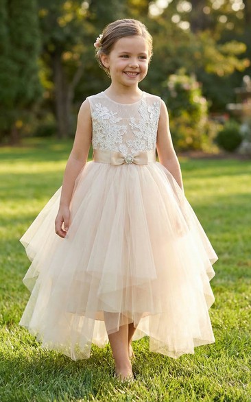 Tea-Length Tulle Dress with Ribbon Bow Sash