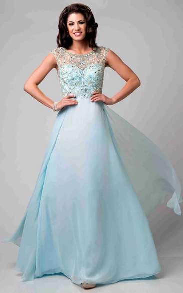Beaded Bodice Cap Sleeve Chiffon Prom Dress With Bateau Neck