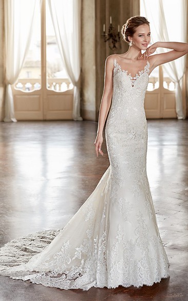 Mermaid Appliqued Scoop-Neck Floor-Length Sleeveless Lace Wedding Dress