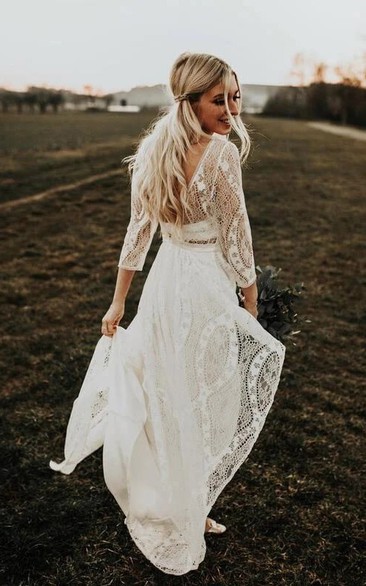 Boho Scoop-neck Lace Long Sleeve Empire Pleated Country Wedding Dress ...