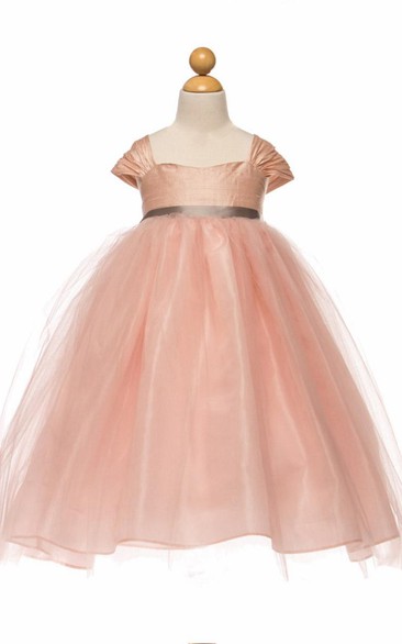 Tea-Length Ruched Cap-Sleeve Empire Tulle&Satin Flower Girl Dress