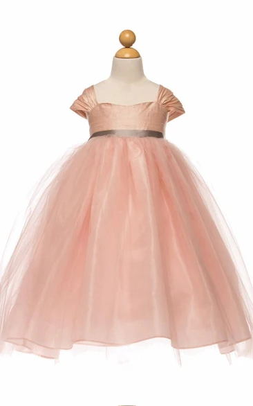 Tea-Length Ruched Cap-Sleeve Empire Tulle&Satin Flower Girl Dress