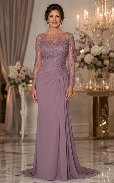 Mauve Illusion Long Sleeve Sheath Mother of the Bride Dress with Sweep Train