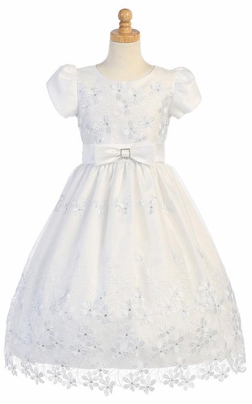 Floral Tea-Length Bowed Sequins&Organza Flower Girl Dress With Tiers