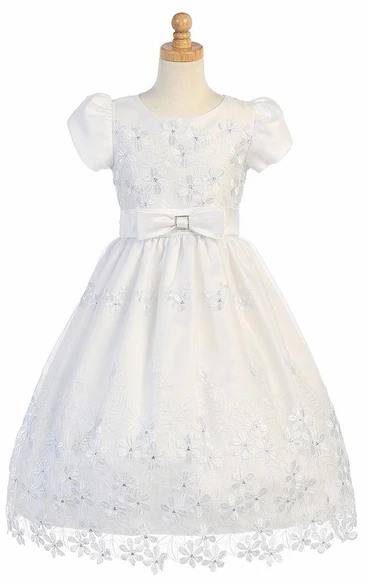 Floral Tea-Length Bowed Sequins&Organza Flower Girl Dress With Tiers