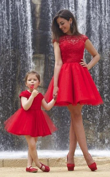 Lovely Red Lace Mother and Daughter Dress Tulle Short Cocktail Dress