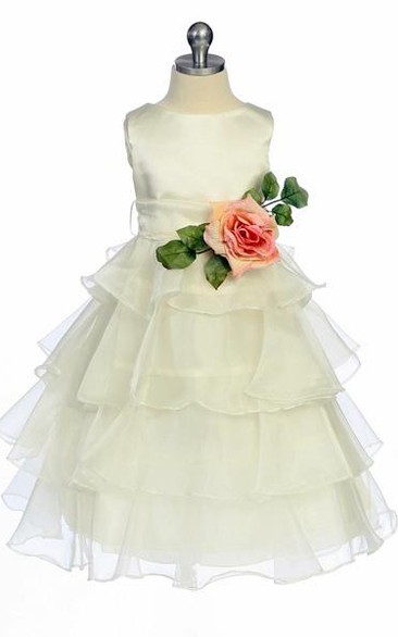 Tea-Length Tiered Floral Organza Flower Girl Dress