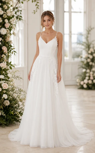 Spaghetti Strap Lace Bodice A-Line Wedding Dress with Tulle Chapel Train