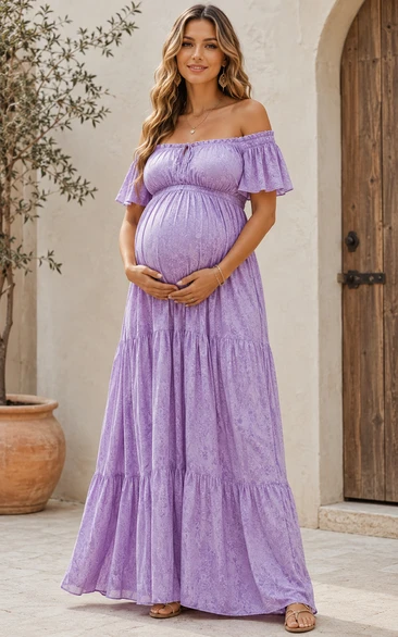 Maternity Lavender Off-the-shoulder Tiered Maxi Dress