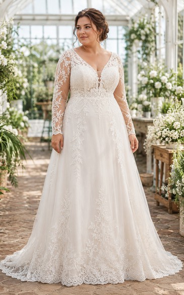 Plus Size Long Sleeve Lace A-Line Wedding Dress with Greenhouse Train