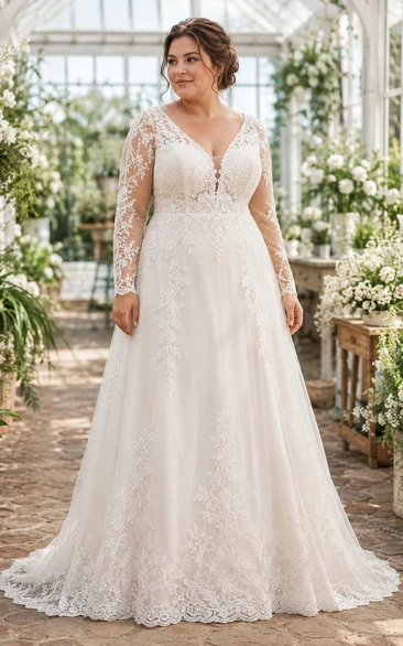 Plus Size Brautkleid in A-Linie mit langen Ärmeln aus Spitze und Schleppe