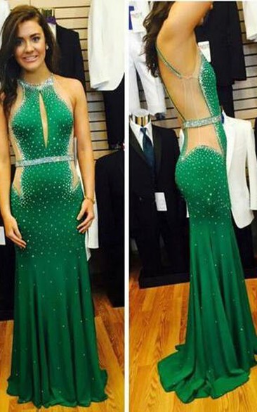 Sexy Halter Mermaid Beadings Green Prom Dress Sweep Train