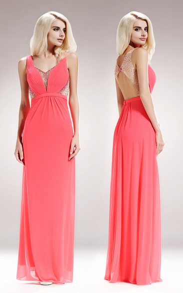 Sheath V-Neck Sleeveless Chiffon Keyhole Dress With Ruching And Beading