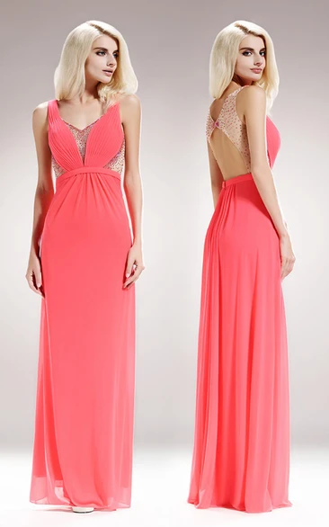 Sheath V-Neck Sleeveless Chiffon Keyhole Dress With Ruching And Beading