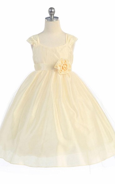 Tea-Length Straps Tiered Empire Tulle Flower Girl Dress