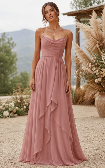 Dusty Rose Cowl Ruffle Chiffon A-Line Dress
