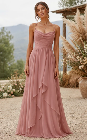 Dusty Rose Cowl Ruffle Chiffon A-Line Dress