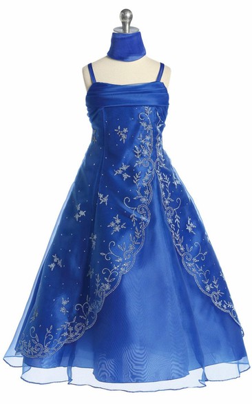 Ankle-Length Spaghetti Cape Beaded Organza Flower Girl Dress