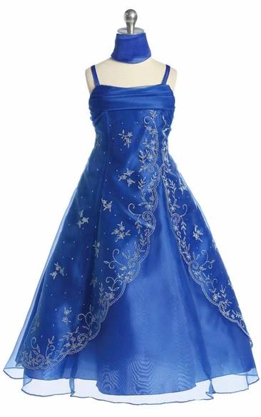 Ankle-Length Spaghetti Cape Beaded Organza Flower Girl Dress