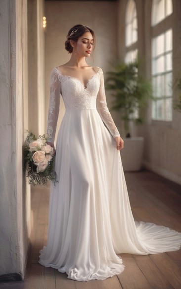 Casual V-neck Long Sleeve Chiffon Wedding Dress