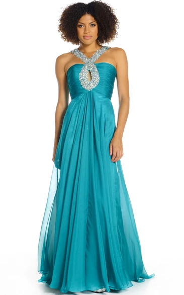 Maxi Sleeveless Strapped Beaded Chiffon Prom Dress With Ruching