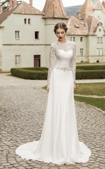Long Sleeve Lace-up Lace Top Bride Dress With Crystal Detailing