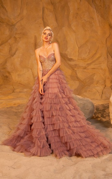 Sweetheart Watermelon A-line Ball Gown Empire Tiered Ruffled Prom Dress