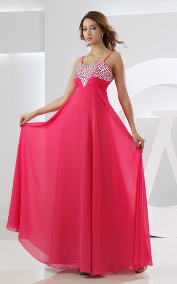 Chiffon Beaded Long Dress With Beaded Top and Spaghetti Straps