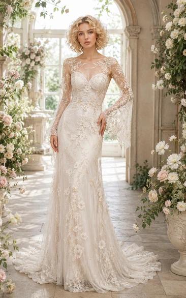 Robe de mariée sirène en dentelle illusion ivoire à manches longues