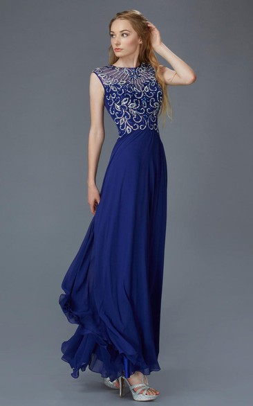 Sheath Jewel-Neck Sleeveless Chiffon Dress With Beading And Pleats