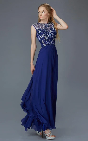 Sheath Jewel-Neck Sleeveless Chiffon Dress With Beading And Pleats