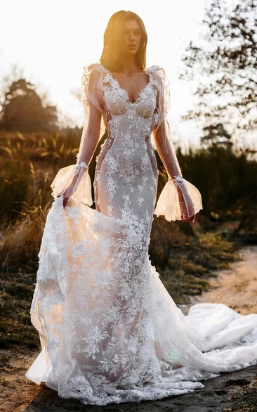 Mermaid V-neck Elegant Puff-long-sleeve Lace Applique Boho Wedding Dress