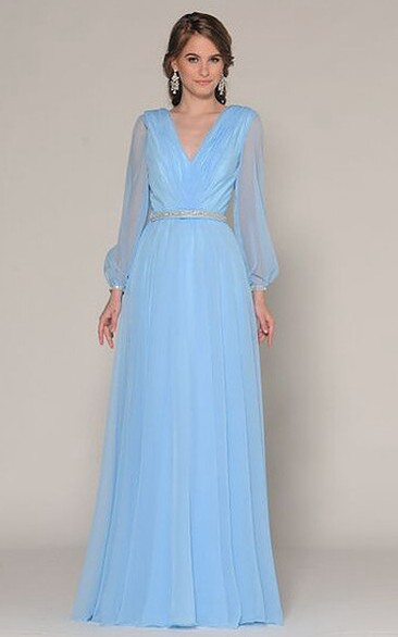 Floor-Length V-Neck Puff-Sleeve Prom Dress