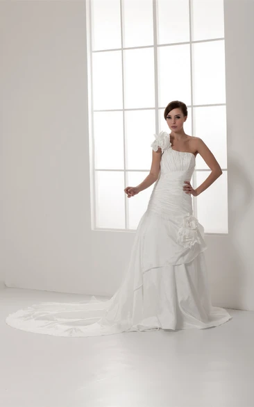 One-Shoulder A-Line Ruched Single Strap and Gown With Flower