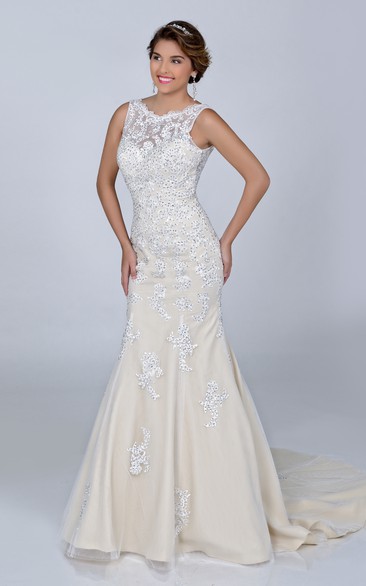 Sequined Sleeveless Sheath Lace Wedding Dress With Bateau Neck And Deep V-Back