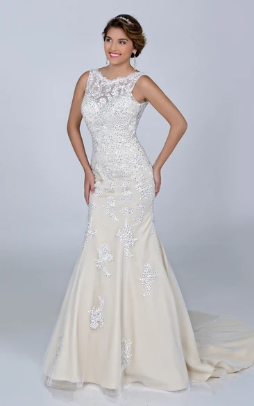 Sequined Sleeveless Sheath Lace Wedding Dress With Bateau Neck And Deep V-Back